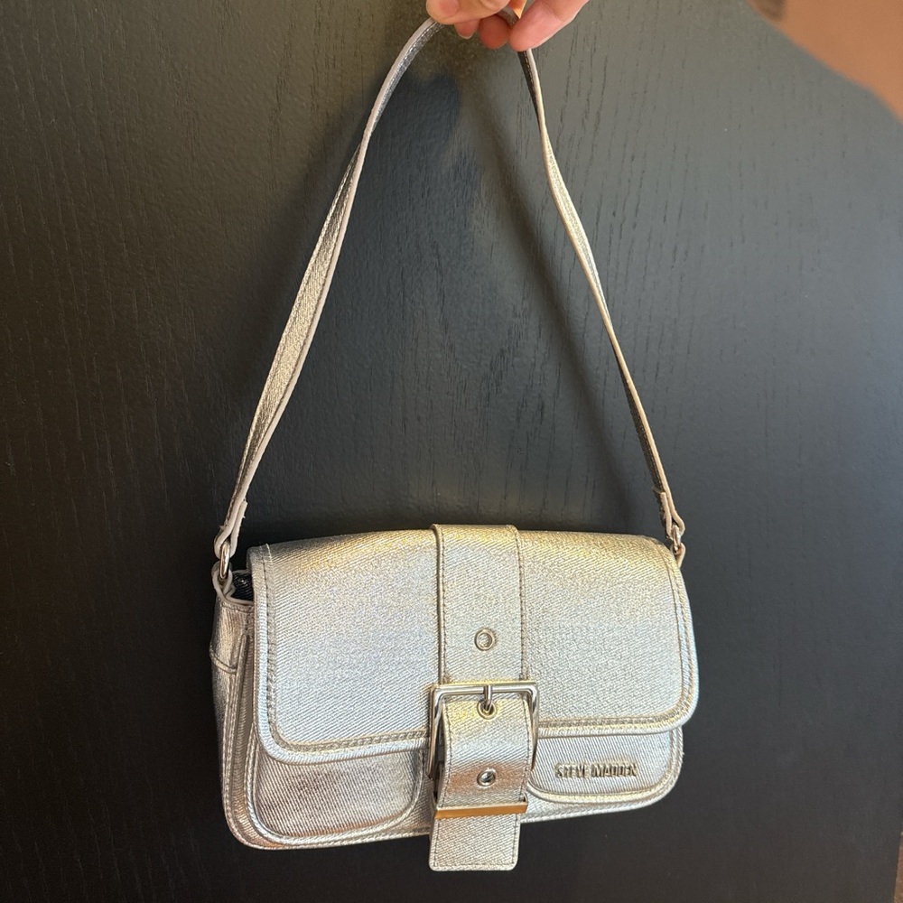 Metallic Silver Shoulder Bag with Buckle Accent by Steve Madden